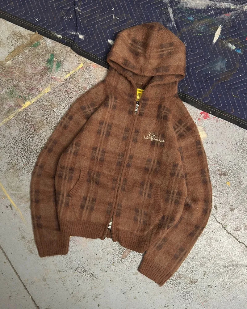 Retro simple trendy Y2K Harajuku checkered embroidered women cardigan sweater Punk Gothic American loose coat 251120