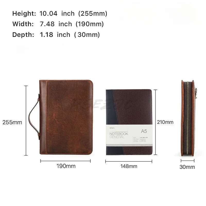 Retro Dark Brown A5 Leather Diary With Pen Slot Wrist Zipper Business Office Notebook Book Cover