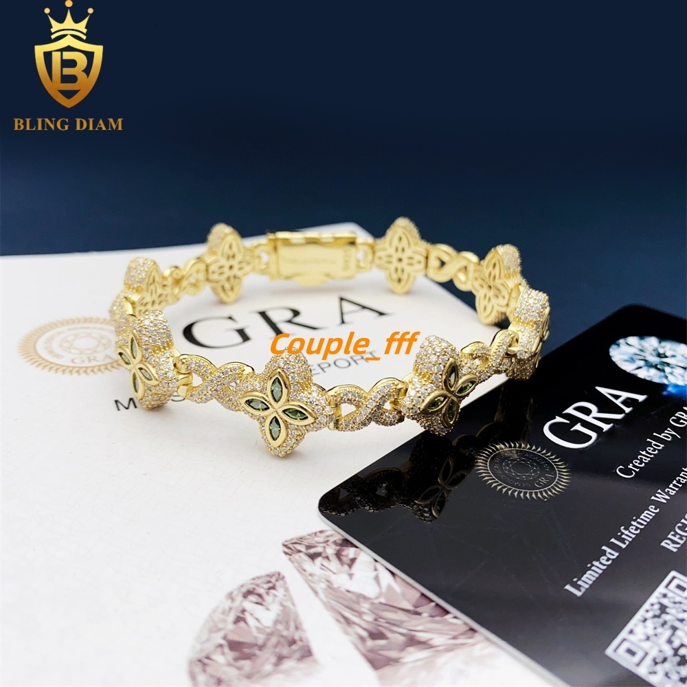 15mm New Marquise Flower Design Colorful 925 Sliver Hip Hop Jewelry Iced Out Cuban Link Moissanite Bracelet