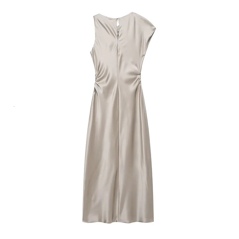 RAFZNB womens pleated long dress fashionable asymmetrical collar sleeveless elegant party y250417