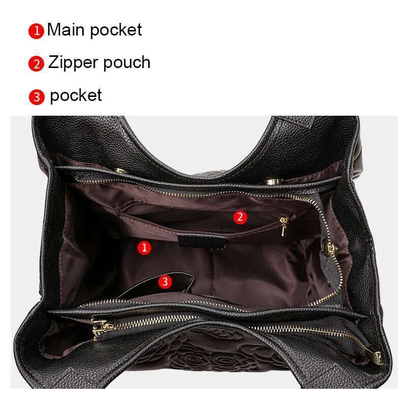 Aidrani Fashion Genuine Leather Emed Women's Handbag Large Capacity Black Cowhide Shoulder Bag