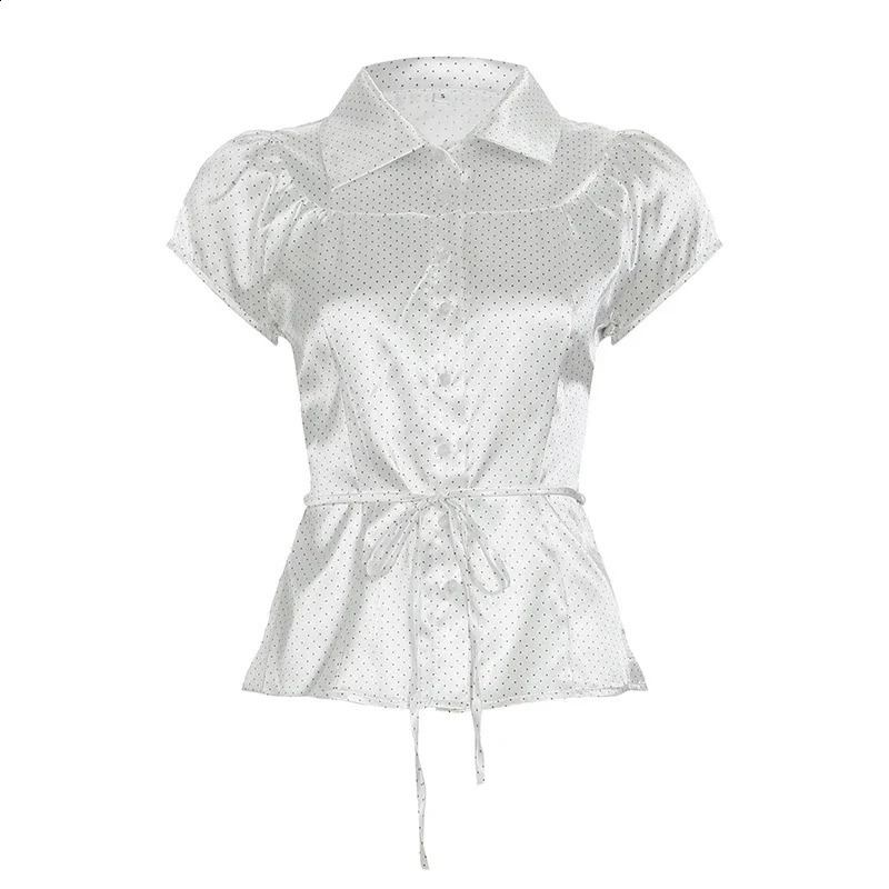 Fashion Satin Dot Print Slim Fit Women Shirts Summer Sweet Elegant French Style Simple Blouses 250421