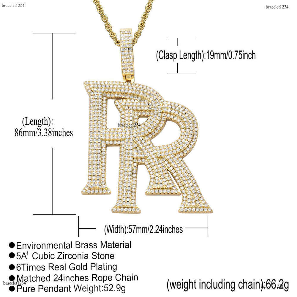 Luxury designer Double R Pendant Sterling Silver Gold Plated Ice out VVS Moissanite Pendant Hip Hop Men Women's Letter Necklace Cuban Chain Free 