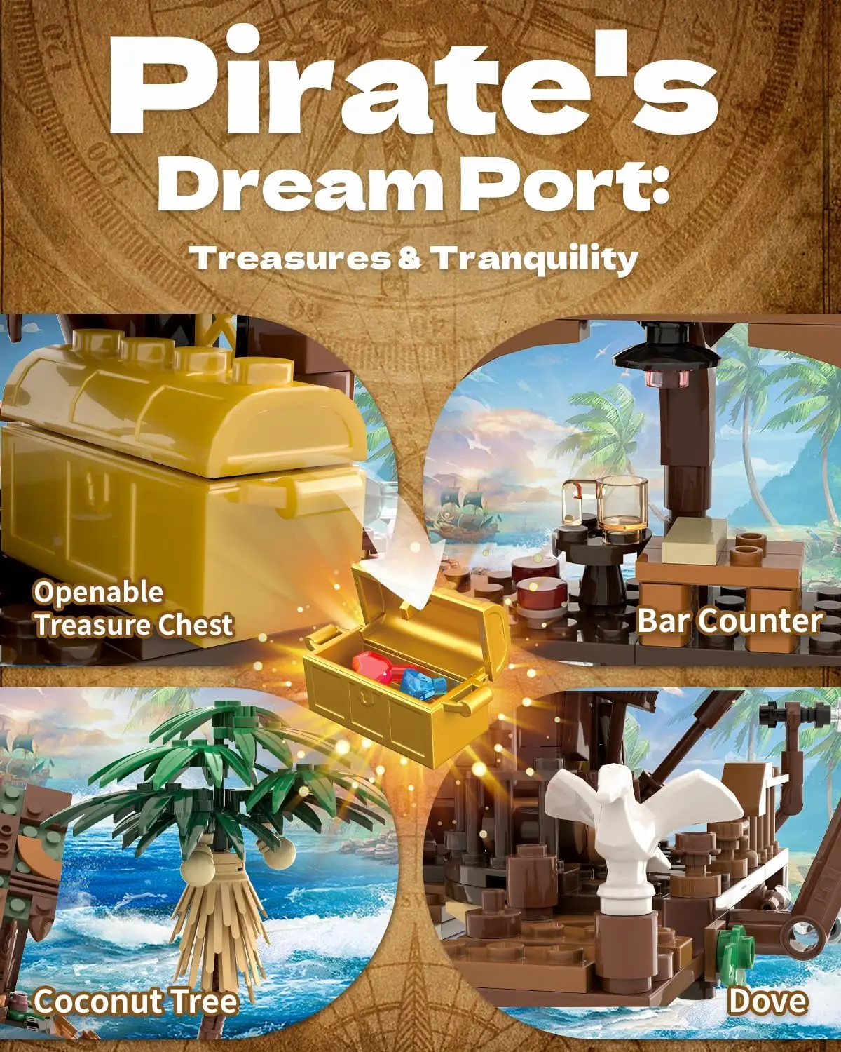 833PCS Pirate Fortune Harbor Building Blocks Ship House Dock Model Educational DIY Creative Toy Birthday Gift for Kids Fans