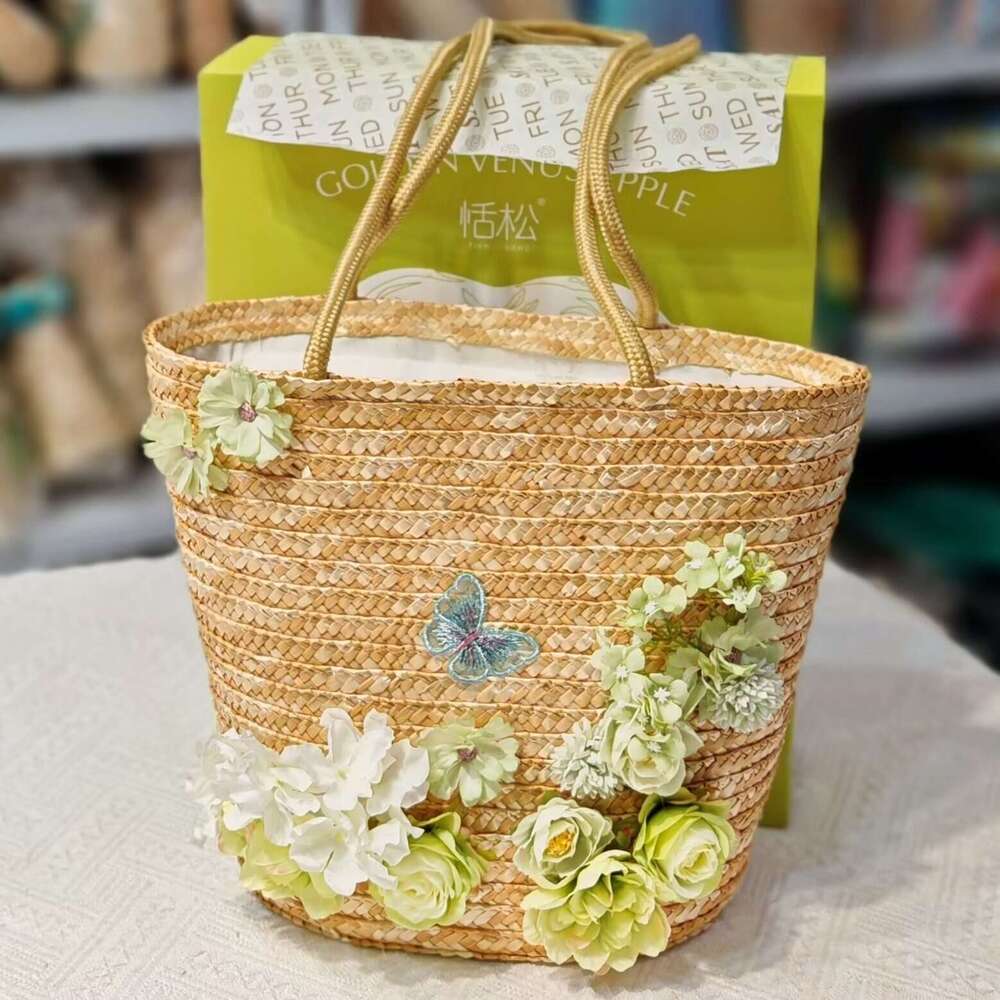 Ins Style Resort Beach Bag French Style Niche Wheat Straw Vegetable Basket One Shoulder Hand Held Large Capacity Grass Beach Vacation Woven Bag Summer