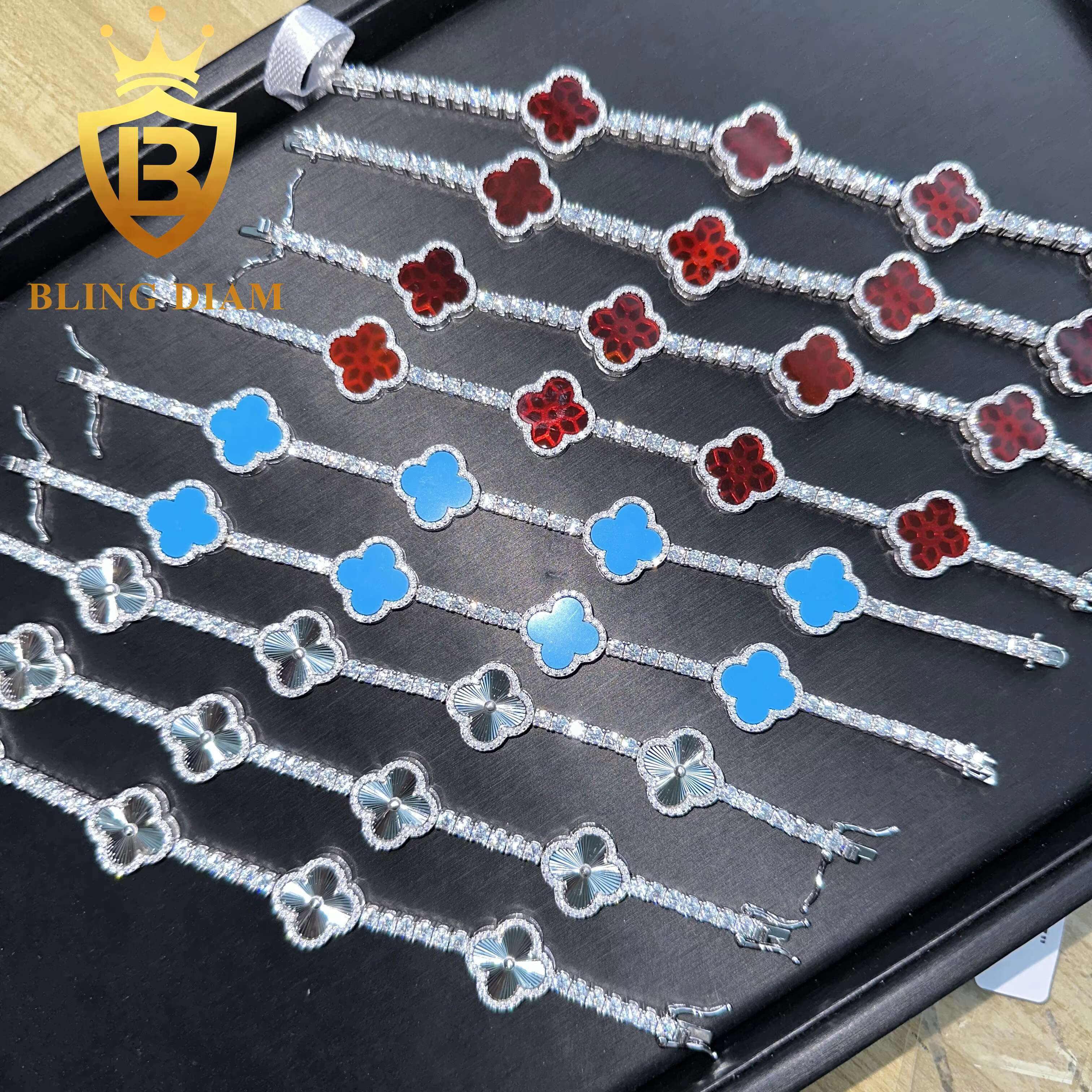 Hot Selling Four Clover Moissanite Tennis Bracelet 925 Sterling Silver Agate 3mm Moissanite Bracelet Pass Diamond test