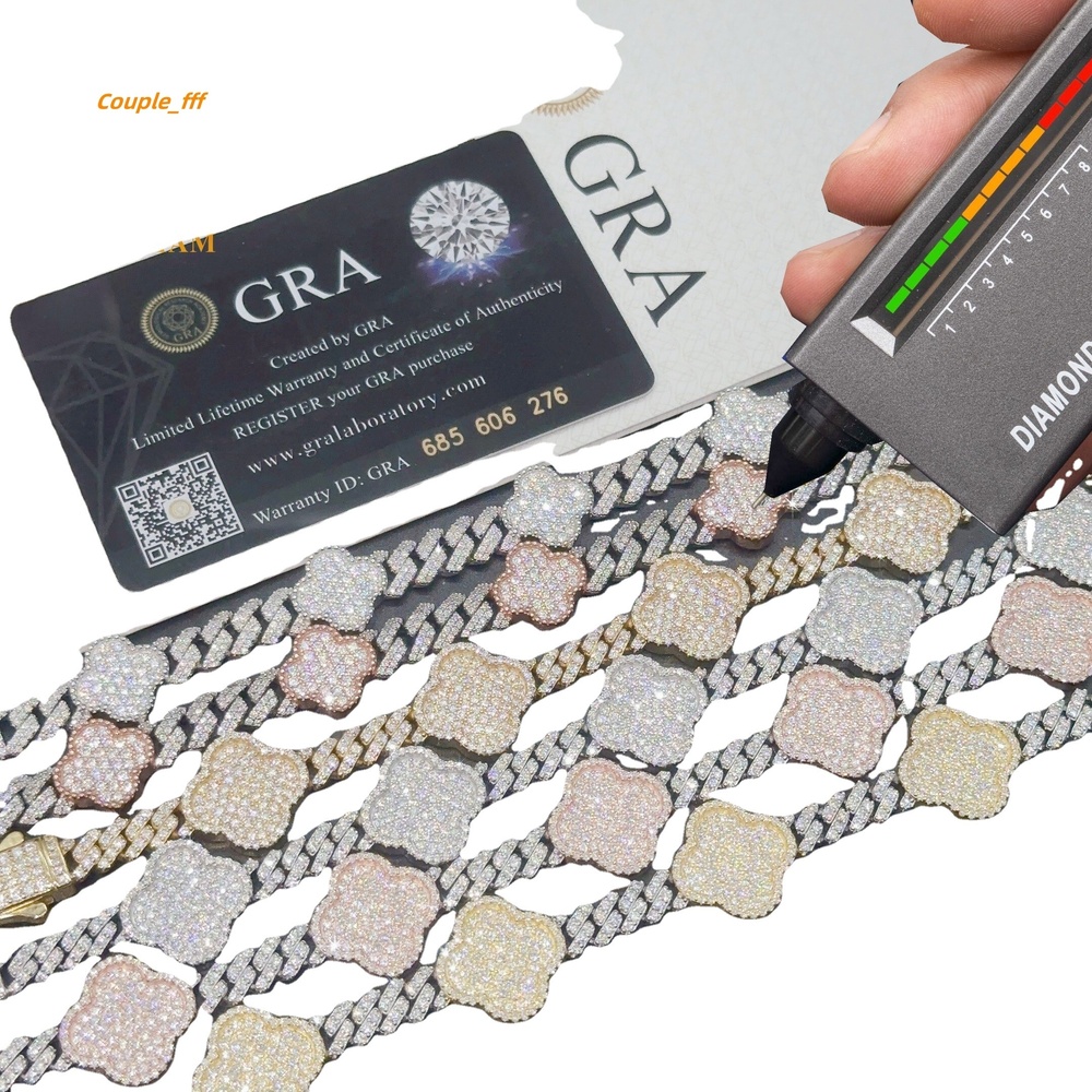 Hip Hop Jewelry Bling Cuban Link Chain VVS 925 Silver Moissanite Cuban Link Chain for Men Women Flower Cuban Bracelet