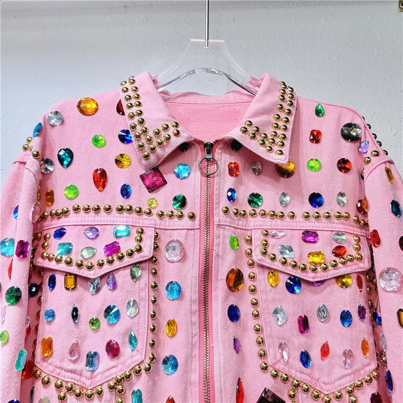 Womens rainbow diamond bead pink denim jacket loose rhinestone long sleeved crystal cardigan rivet top 250423