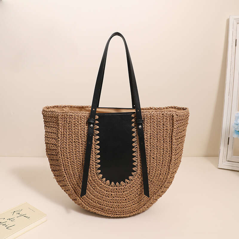 Ins Style Resort Beach Bag Half Circle Large Capacity French Single Shoulder Grass New Niche Splicing Hand Held Woven Bag Women S Beach Vacation Sand 