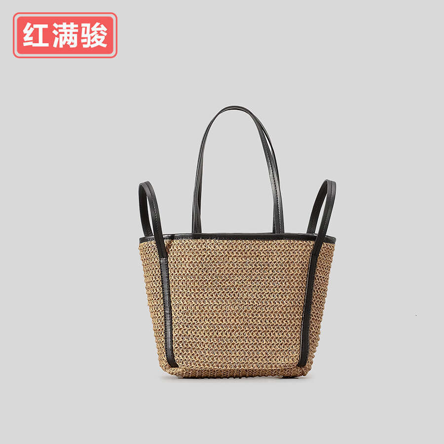Ins Style Resort Beach Bag New Leather Shoulder Strap Contrasting Women S Large Capacity Seaside Vacation Style Bag Summer Grass Woven Bag KQ