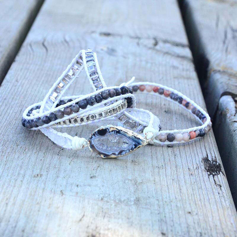2021 hot selling white leather rope agate hand woven with multi-layer winding Bohemian style bracelet