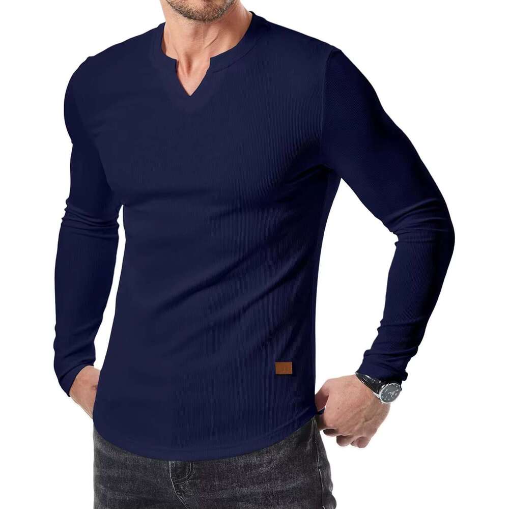 DHessentials Shewin 2025 sleeved muscle casual V-neck long ribbed men's t-shirt