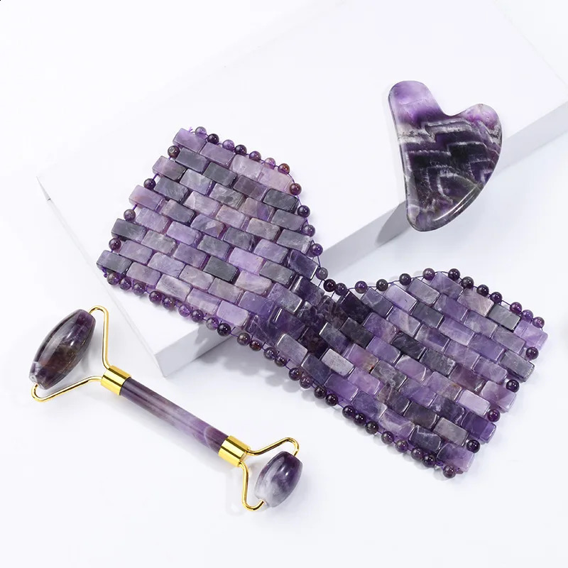 Cold Amethyst Eye Mask Natural Jade Roller Gua Sha Massager Gouache Scraper Set Eye Mask Face Skin Care Massage Tools 250418