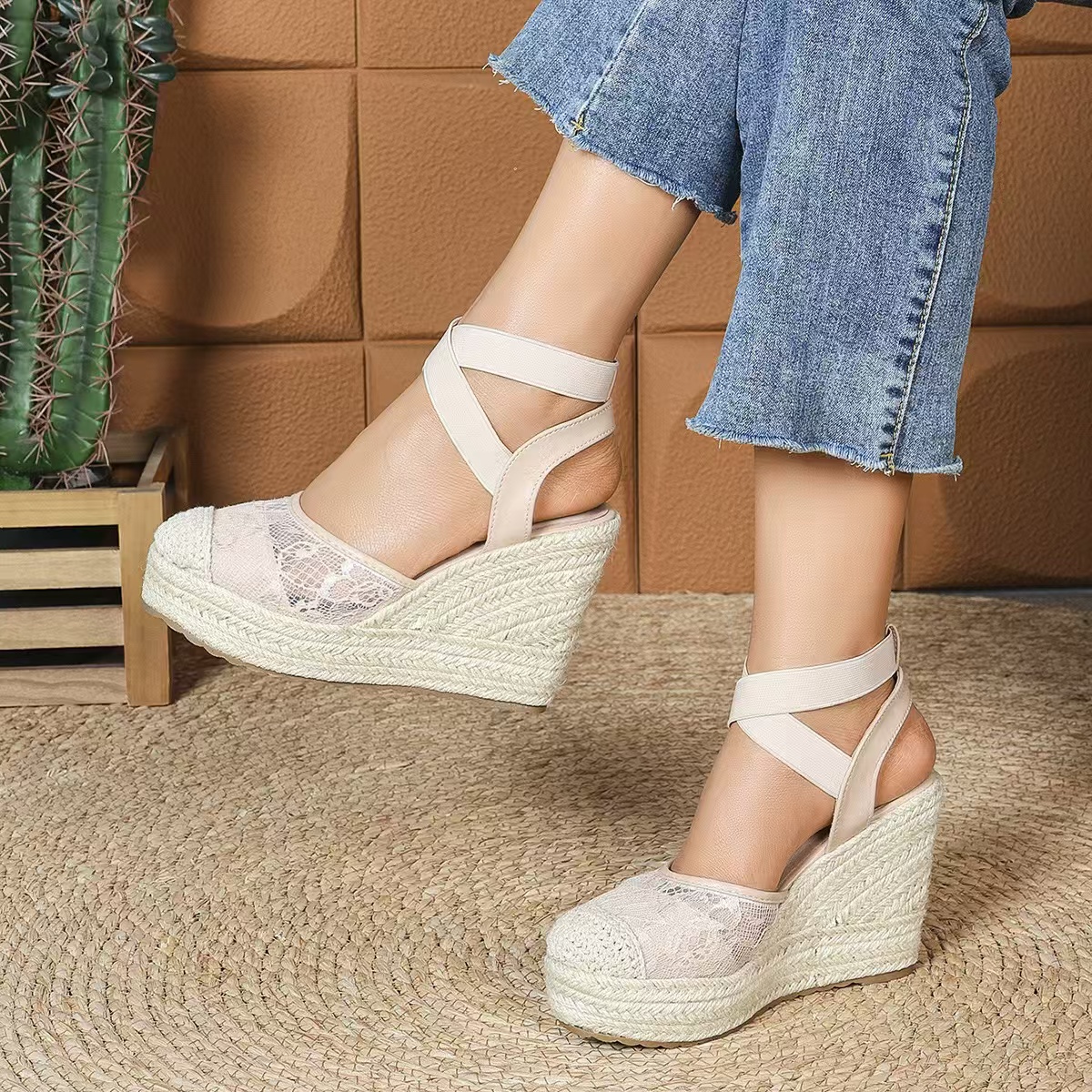 Wedges Women's 2024 Summer New New Fashion Mesh Peep Toe Platform High Heel Sandals Sexy Party Dress Women Sandalias a8ca
