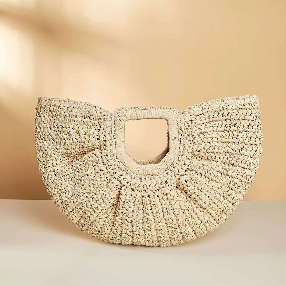 Wholesale Bohemian Fashion Lady Paper Straw Bucket Tote Handbag Summer Beach Retro Half Moon Shape Handmade Braid Clutch
