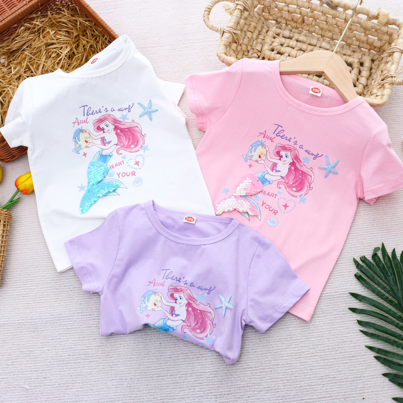 Disney Children's Designer Clothing T-shirt for Little Girls Baby Summer T-shirt Top Short Sleeve Cotton Thin Children's clothes Princess T-