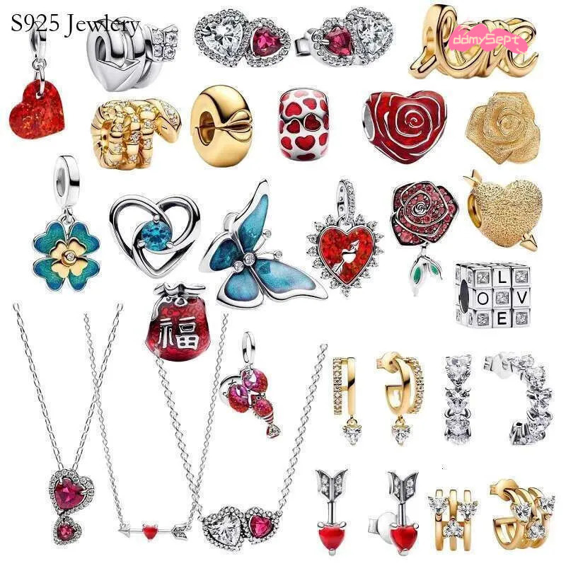New Charms 925 Sterling Silver Rose Butterfly Pendant Charm Double Love Necklace Earrings Set for Women Valentines Day Jewelry Gift ddmysept