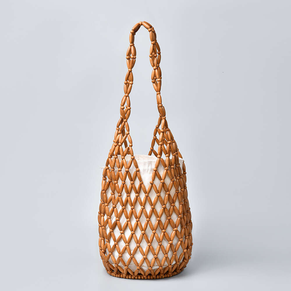 Ins Style Resort Beach Bag Beach Vacation Bucket Single Shoulder Wooden Bead Hand Woven Bag Women S Beach Bag KQ