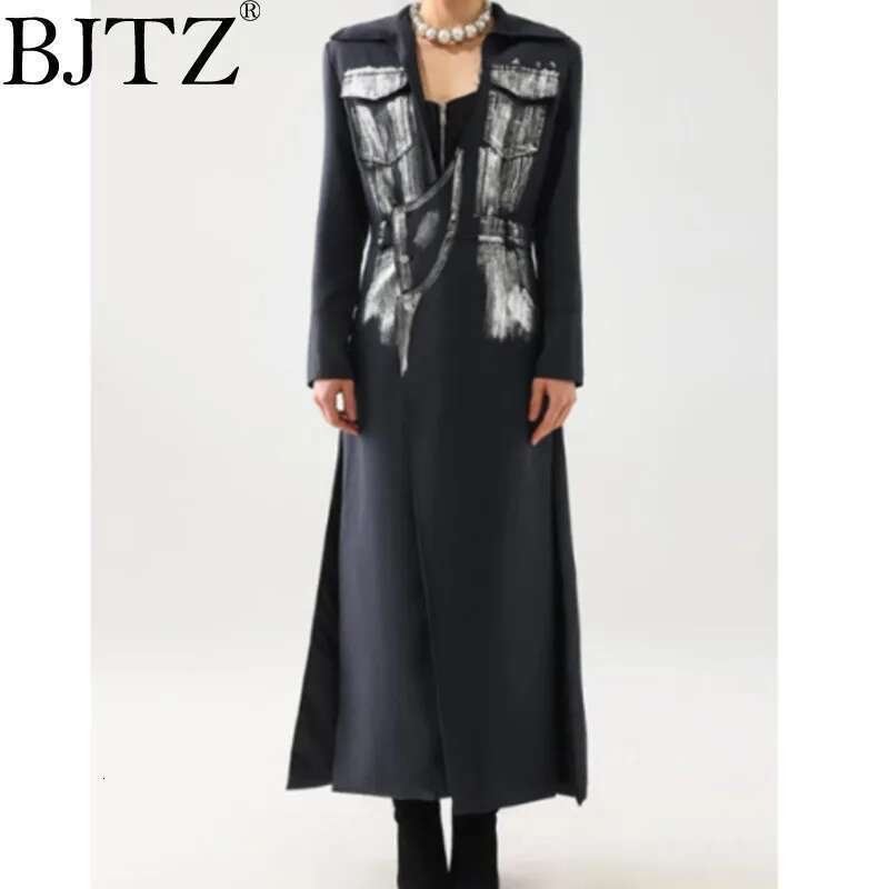 Bjtzirregular Design Sense Lapel Tie With Halo Dyed Trench Coat Female 2025 Spring New Artist Style Waist Long Suit Jacket