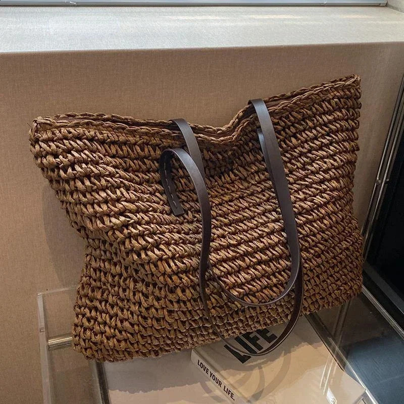 Straw Knitted Large Capacity 2025 High Quality Shoulder Bag Solid Simple Fashionable Handbag Soft Versatile Commuting Tote Bag R250424