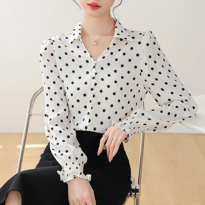 2025 Spring Casual Shirts Long Sleeve Turn Down Collar Fashion Women Shirt Dot Elegant Blouse Women Tops Camisas De Mujer N530 250421