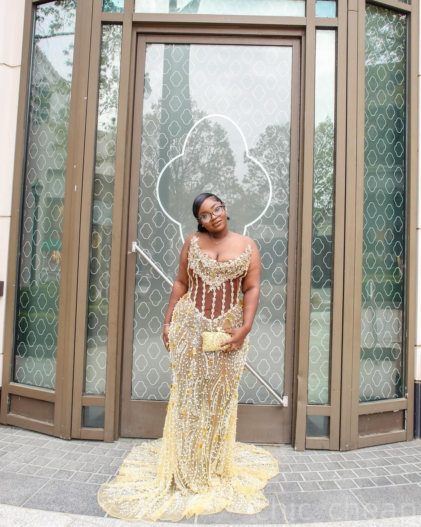 Gold Mermaid Plus Size Prom Dresses 2025 Rhinestones Beaded Sequined Illusion Evening Formal Party Second Birthday Engagement Gowns Dress For Special 