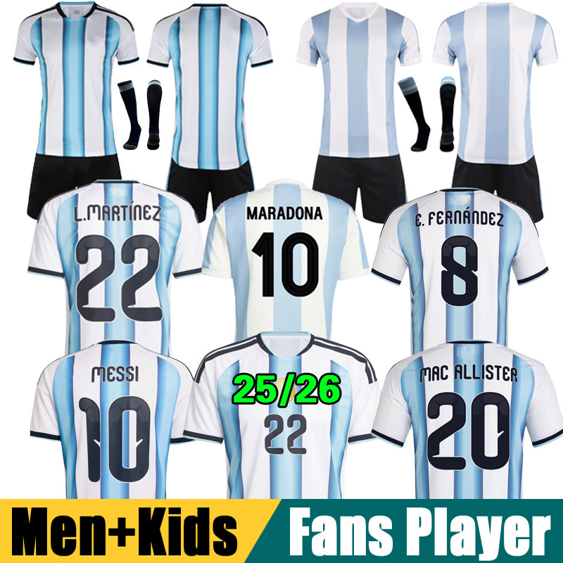 2025 2026 MESSIS Soccer Jerseys DI MARIA MARTINEZ ALVAREZ MAC ALLISTER home White away Blue Fans Player Kids Kit Men Football Shirt