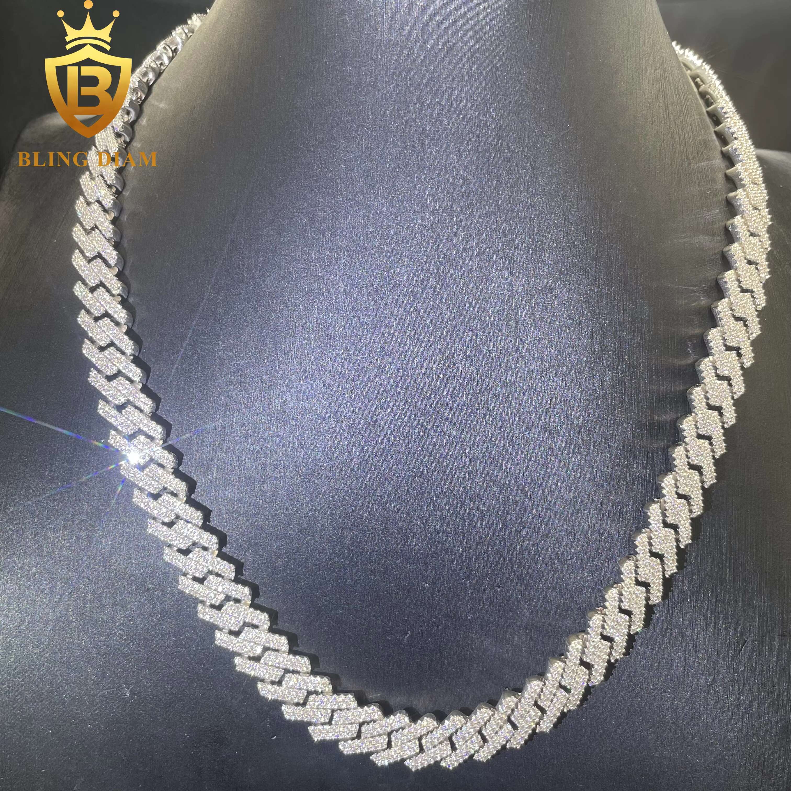 Hot Selling Pass Diamond Tester 925 Solid Silver 12mm Two Rows Iced Out Hip Hop VVS1 Moissanite Cuban Link Chain