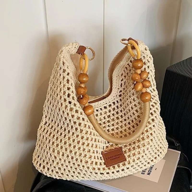 Beach Summer Women Mesh Woven Shoulder Adjustable Strap Handbag Large Capacity Hobo Bag for Travel Vacation