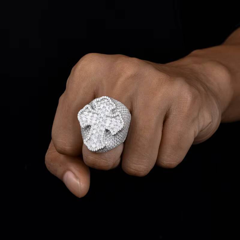 S925 Sterling Silver Fashionable New Design Cross Hip Hop Moissanite Ring Men Sparkling Mens Cross Moissanite Ring