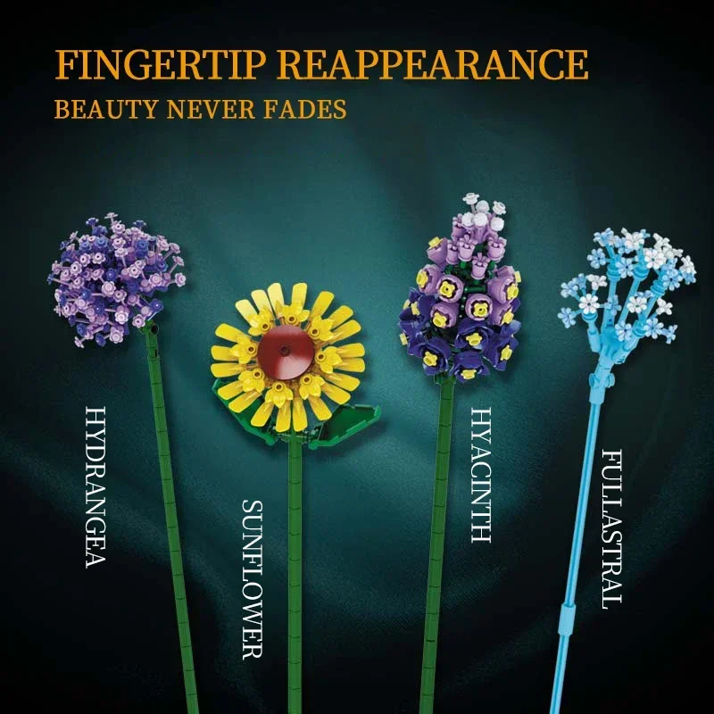 1853PCS Flower Bouquet Building Blocks Plant Sunflower Gypsophila Bricks Model Kid DIY Toys Adult Romantic Valentine's Day Gifts