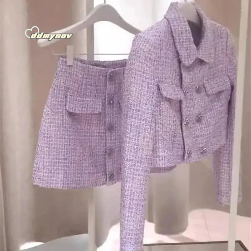Elegant Tweed Two-Piece Dress Suit: Women's Slim Fit Short Coat Mini Skirt Set for Work and Fashion ddmynov