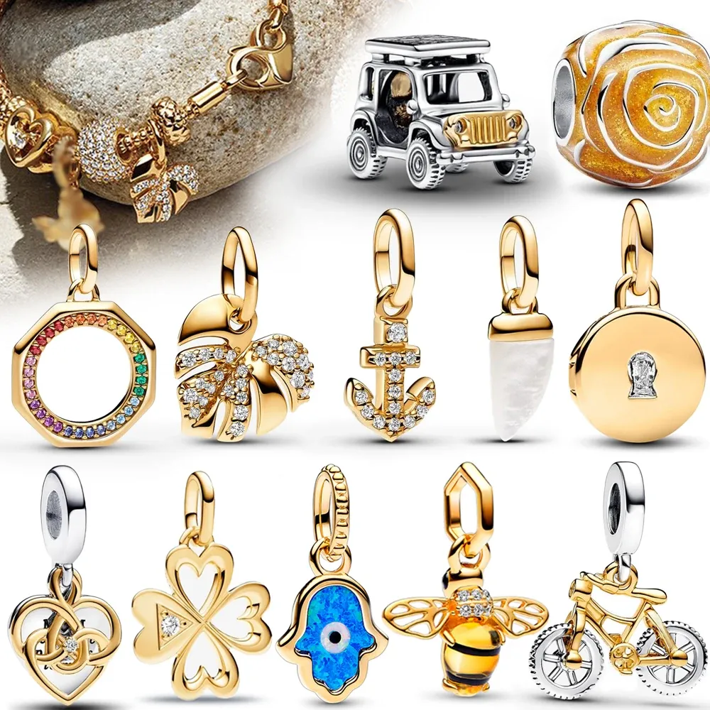 Sparkling Gold Monstera Leaf Charms component Fit Charm Bracelet 925 Sterling Silver Shark Tooth Mini Charm for Girls Party Jewelry