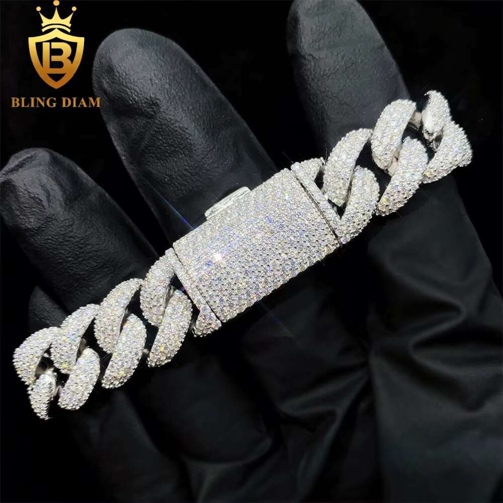 3 Row Iced Out Hip Hop 15mm Cuban Link Chain Bracelet Necklace Sterling Sier VVS Moissanite Pass Dia Tester