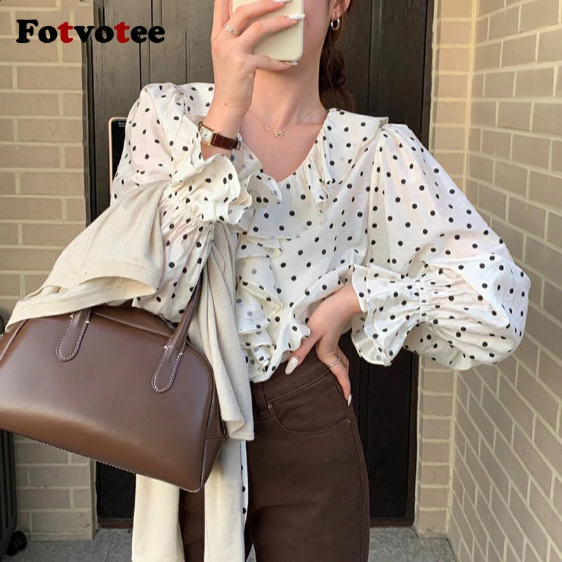 FOTVOTEE Dot Shirts for Women Ruffled V-Neck Long Sleeve Chic Blouses Spring Summer 2025 Fashion Female Comfortable Shirts 250421