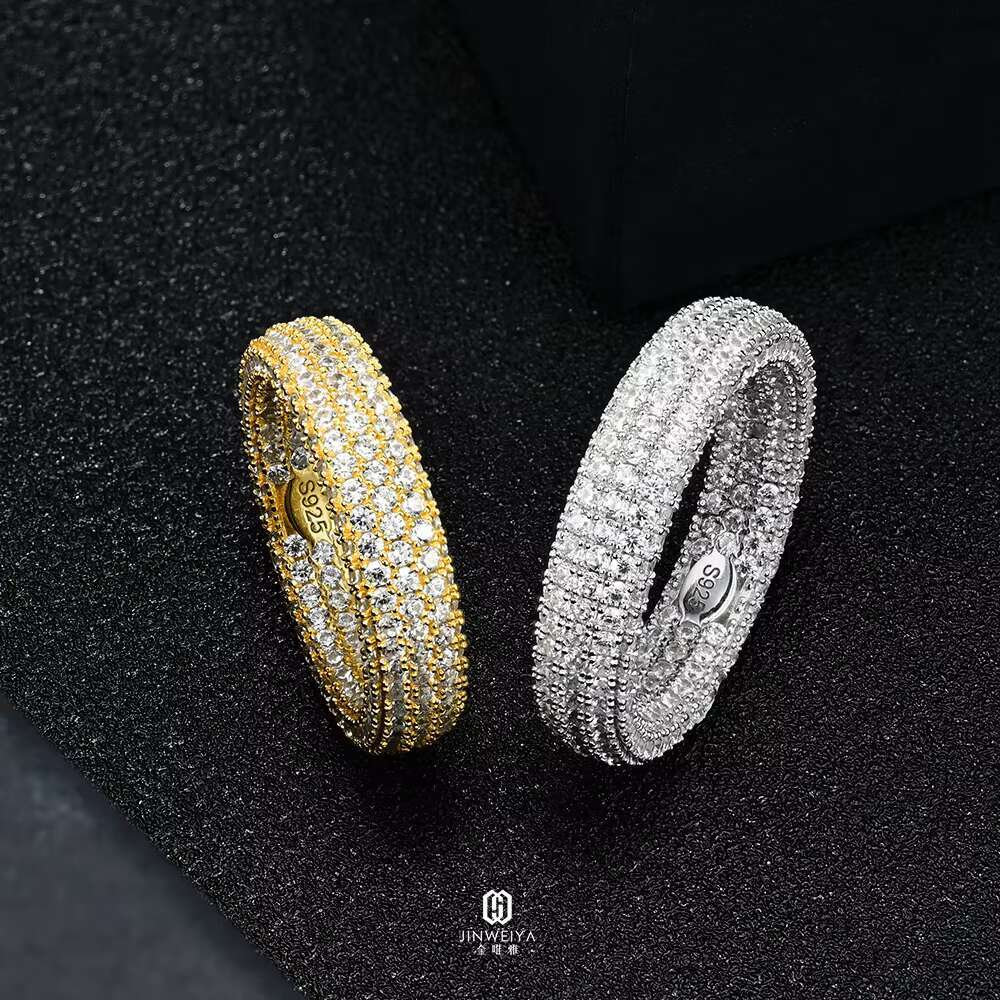 Fine Jewelry Rings Pass Diamond test 3rows VVS Moissanite Diamond Ring Hip Hop 925 Sterling Silver Gold Plated Rings