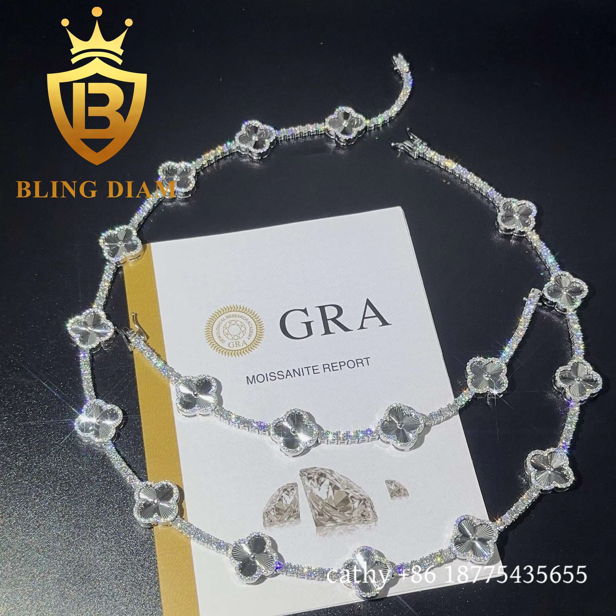 Fashion Iced Out Four Leaf Flower Moissanite Tennis Chain Bracelet 925 Sterling Silver 3mm Charm Moissanite Bracelet Pass test