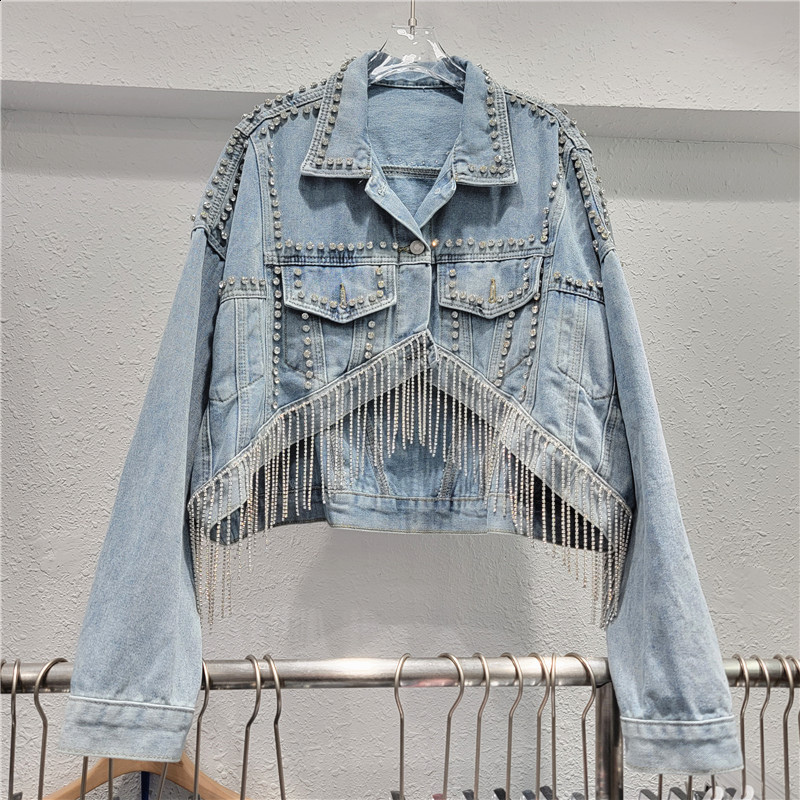 2024 Spring and Autumn New Heavy Industry Water Diamond Tassel Loose Front Short Rear Long Look Skinny Denim Coat Short Coat for Women 231122