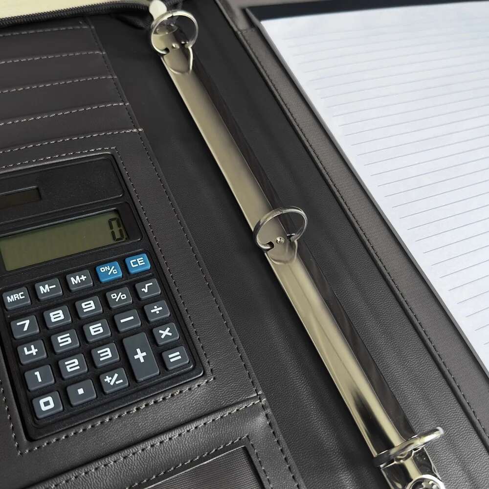 Portfolios 3-Ring Leather Business Folder Binder A4 Zippered With 10 Inch Tablet Sleeve Slot Solar Calculator Card Stora