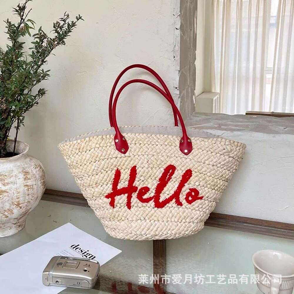 Ins Style Resort Beach Bag Korean Dongdaemun High Ding HELLO Letter Single Shoulder Straw Woven Large Capacity Seaside Vacation Beach Tote Bag KQ