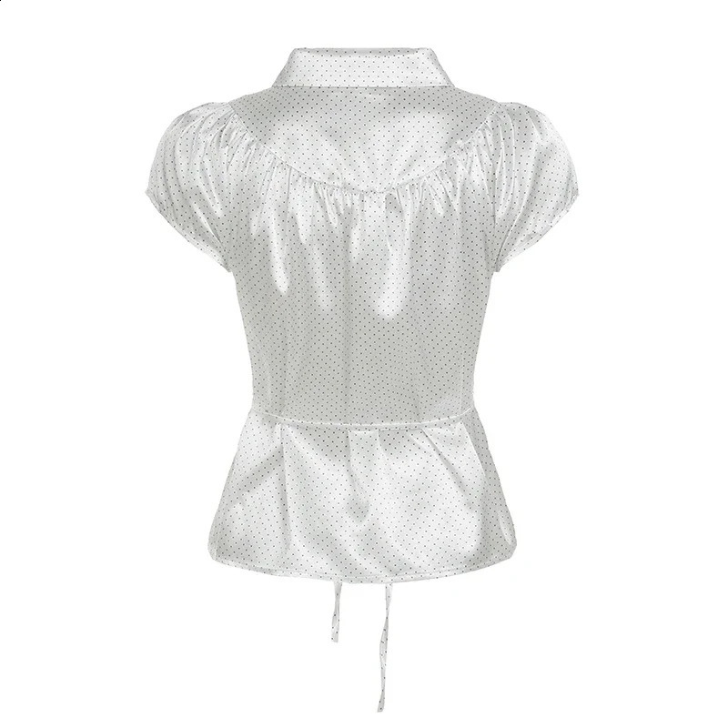 Fashion Satin Dot Print Slim Fit Women Shirts Summer Sweet Elegant French Style Simple Blouses 250421