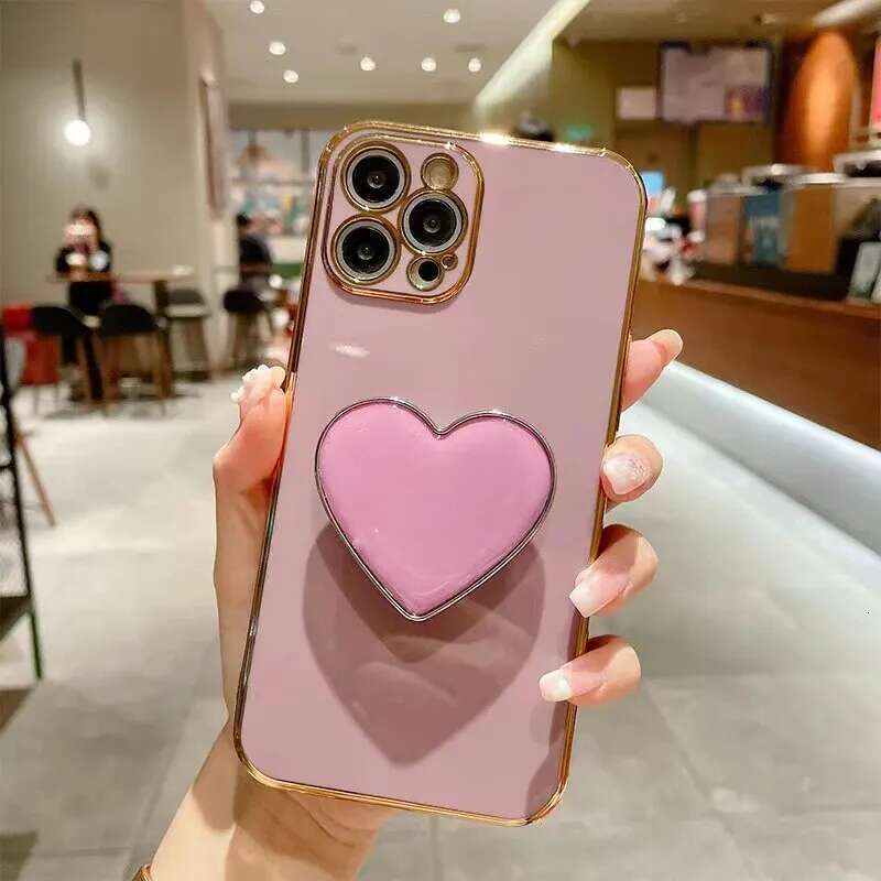 3D Love Bracket Plating Case For IPhone15 14 13 12 Fashion Solid Color Shock-Proof Anti-Fall Mobile Phone Cases
