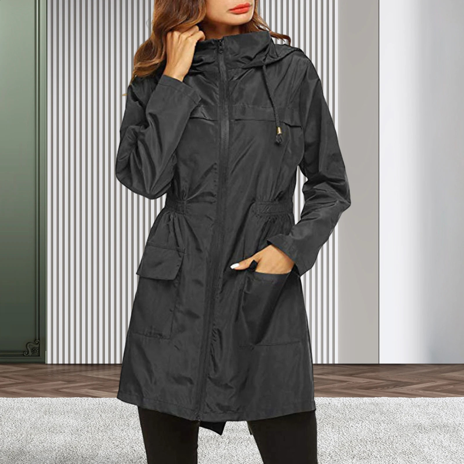 Women Zipper Hooded Raincoat Foldable and Easy to Carry Suitable for any Season and Outdoor Activities 250421