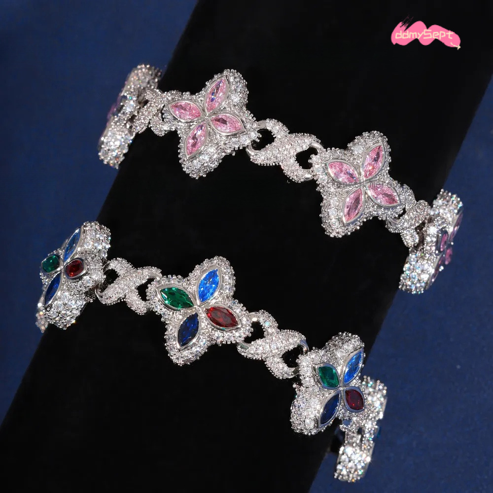 New Arrival Hip Hop Pink White ColorfulClover Bracelet Necklace Iced Out Flower A necklace Cuban Chain for Men ddmysept