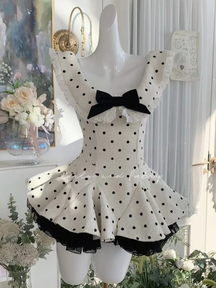 Summer Retro Elegant Woman Dress Y2k Polka Dot Bow Slim Sweet Mini Dress Female Korea Style Chic Sexy Party Outfits 250422