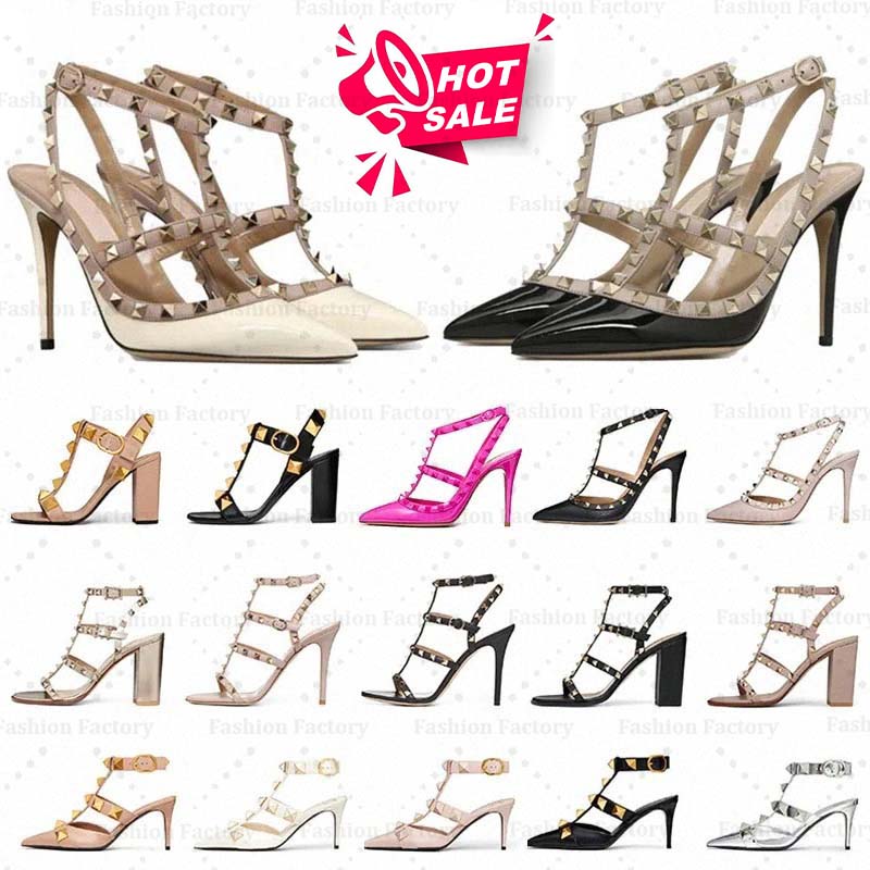 designer high heels womens dress shoes luxury heel sandals kitten platform sandle white silver leather rivet peep-toes slingback gold 6 8 10cm wedding shoe
