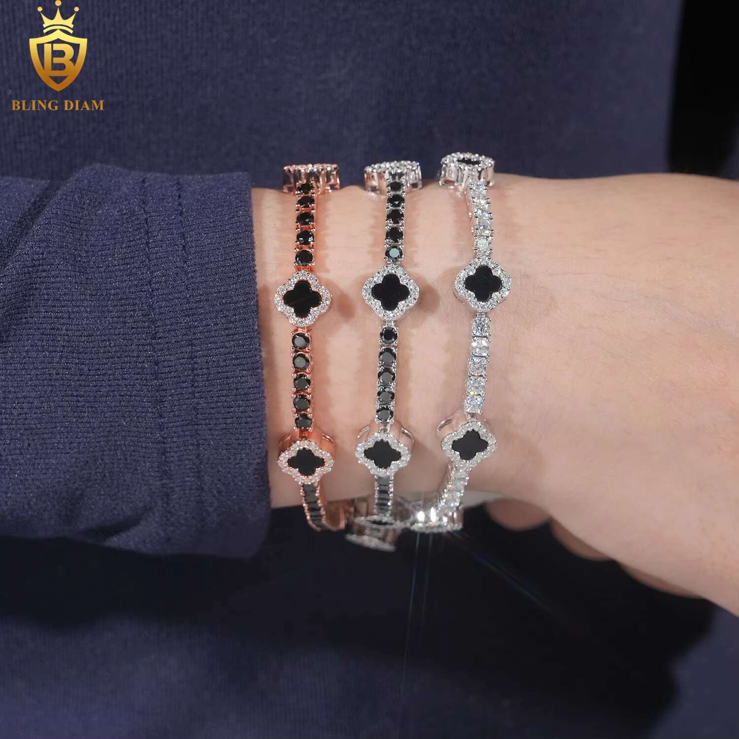 3mm New Design 925 Sterling Silver Vvs Black Moissanite Clover Tennis Chain Bracelets Gra Certificate