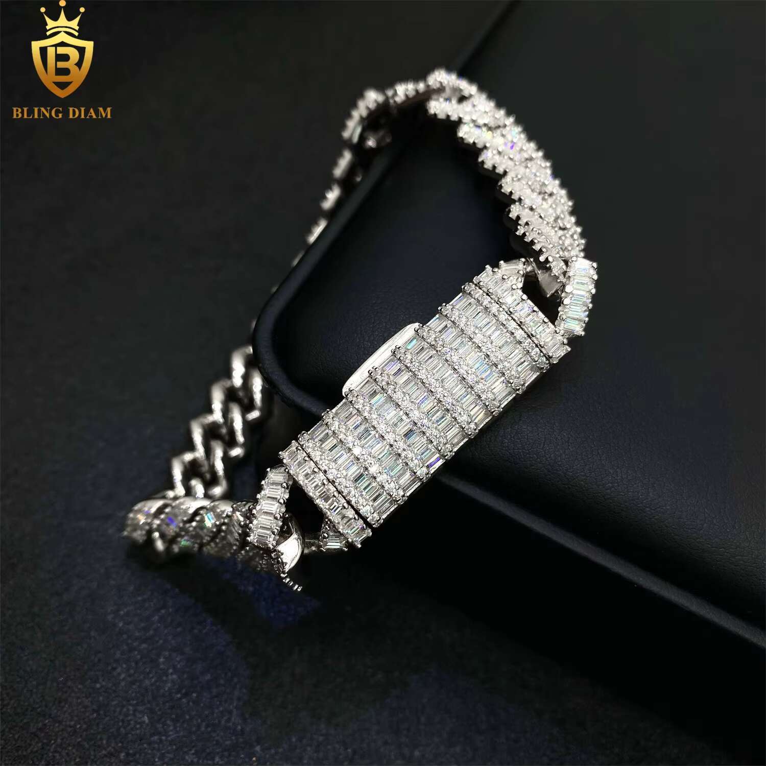 12mm Hip Hop Jewelry Sterling Sier Iced Out Moissanite Rectangular Bracelet Cuban Link Chain Pass Dia Tester