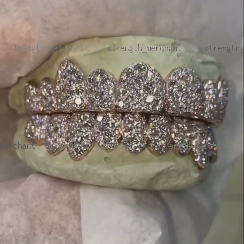 Customized 16 Teeth Iced Out Grillz 14kt White Gold Men Women 925 Silver D VVS Moissanite Grillz