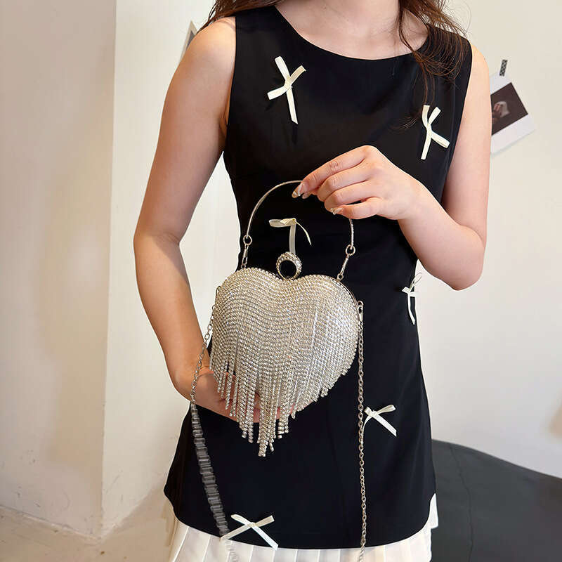 Diamond Studded Dinner Bag, Heart-Shaped Tassel Women's Party Handbag, Versatile Dress And Evening Outfit Bag